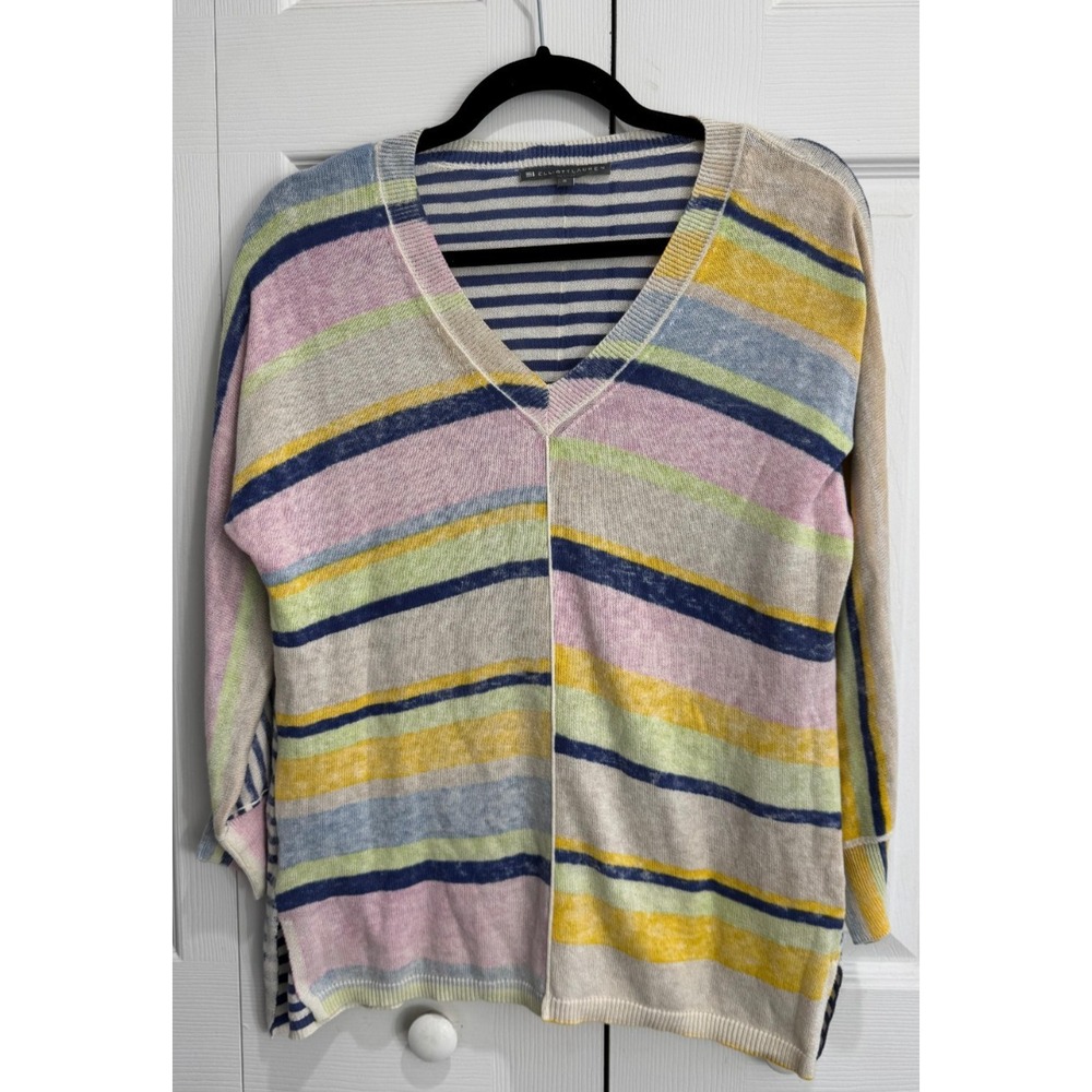 Elliott Lauren Slouchy Knit Sweater Women's Small Multi Striped V Neck Oversized